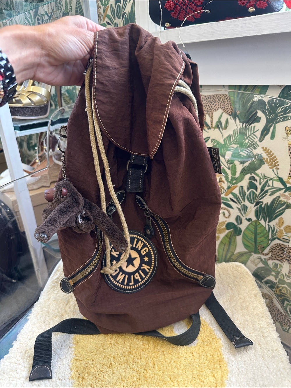 Kipling medium Brown Drawstring Backpack with Front Patch